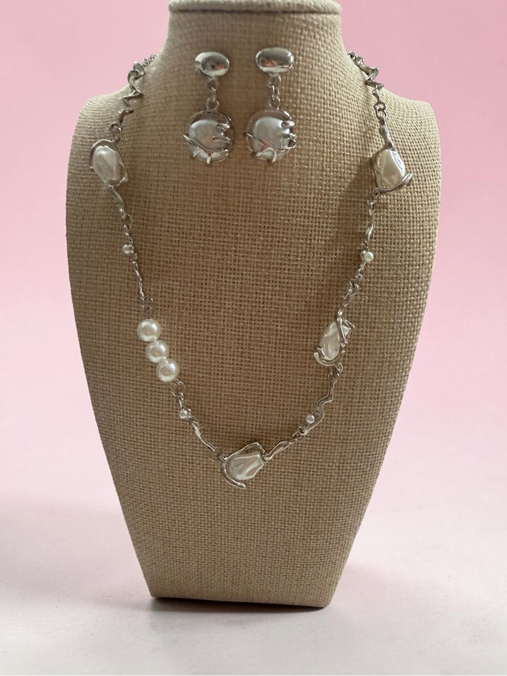 Silver and White Pearl Drop Necklace & Earrings Set